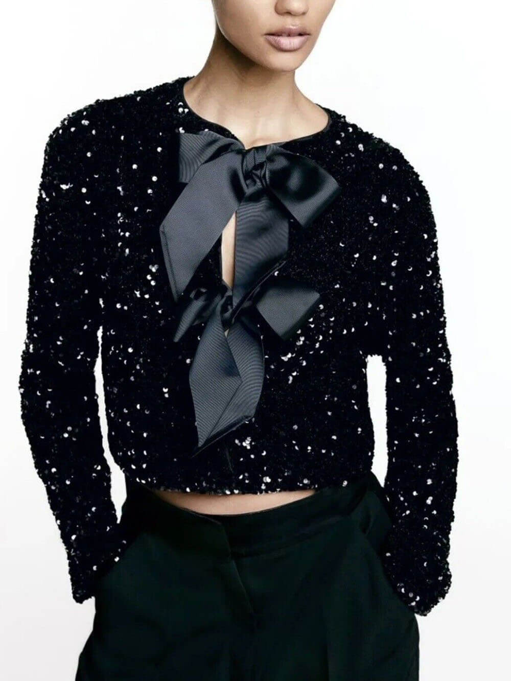 R&B | Damen Paillettenjacke Mit Schleifenverschluss