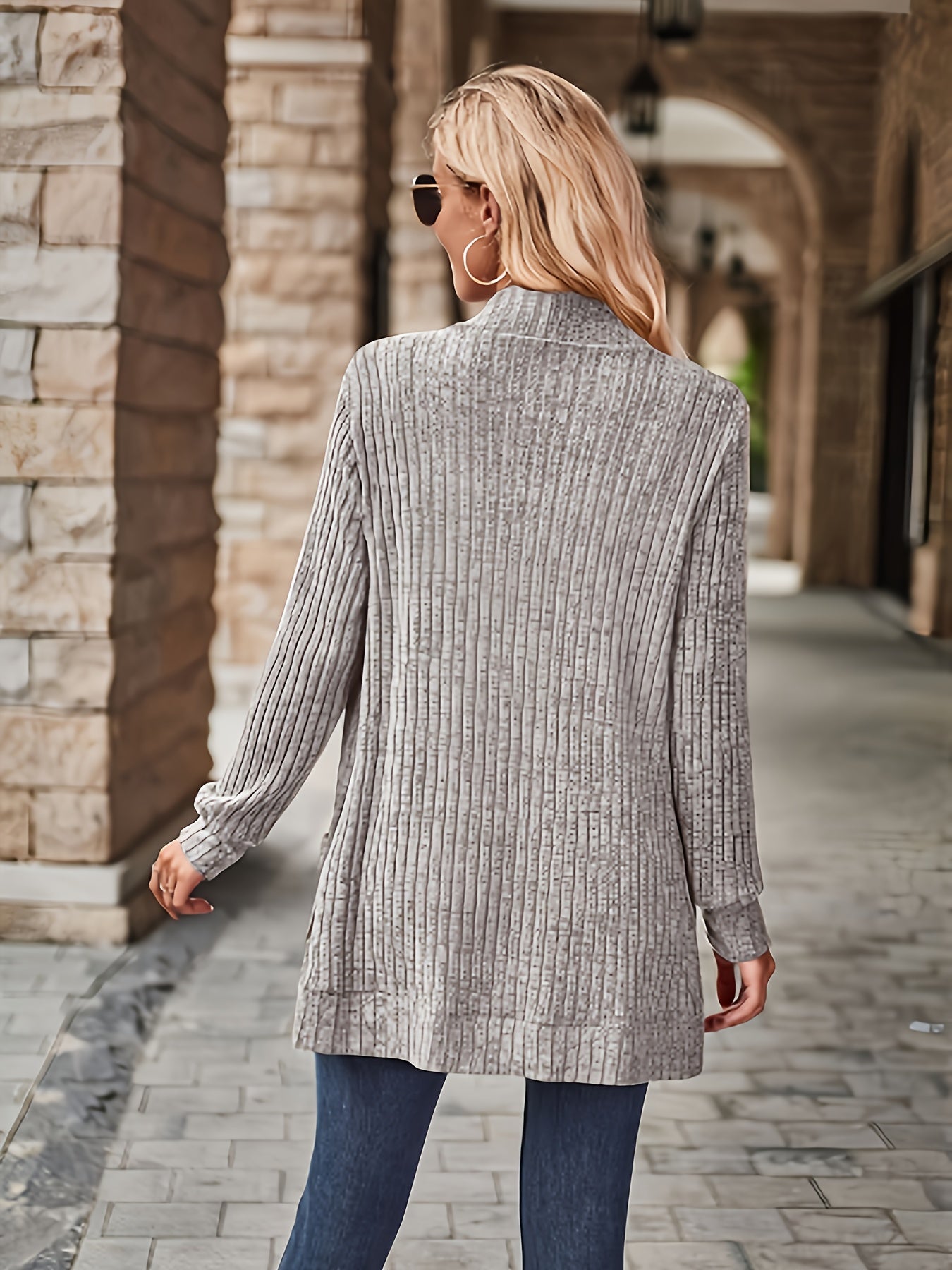 R&B | Damen Gerippter Offener Vorderseite Strickjacke Lange Ärmeln Lässig Strickpullover mit Taschen