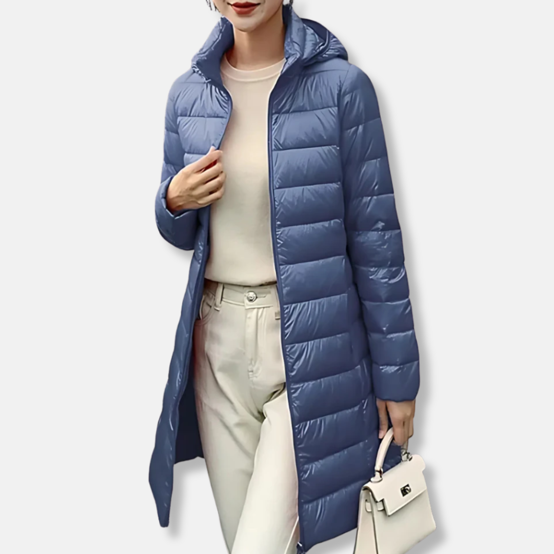 R&B | Nylon Puffer-Jacke Steppjacke mit Kapuze In Mittlerer Länge