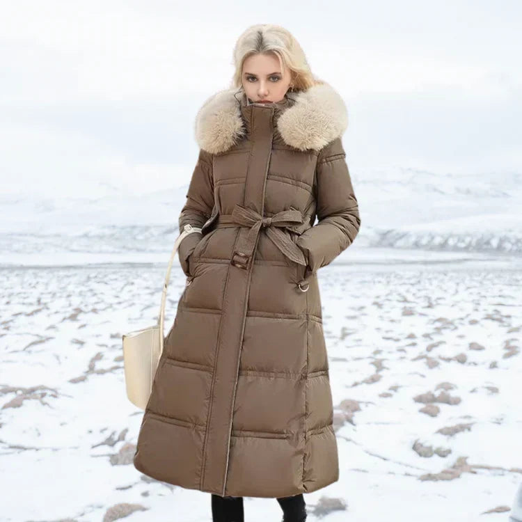 R&B | Slim Fit Überknielange Jacke mit Pelzkragen und Gürtel