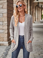 R&B | Damen Gerippter Offener Vorderseite Strickjacke Lange Ärmeln Lässig Strickpullover mit Taschen