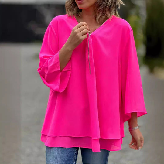 R&B | Chiffon Reißverschluss Top mit V-Ausschnitt