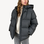 R&B | Damen Schwarze Kapuzen-Puffermantel Winter Polyester Jacke