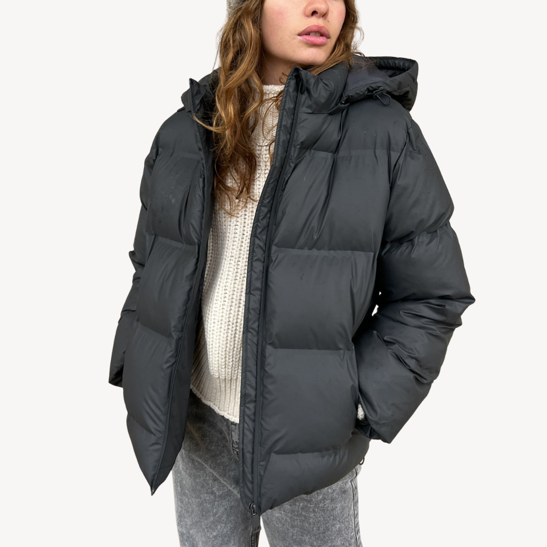 R&B | Damen Schwarze Kapuzen-Puffermantel Winter Polyester Jacke