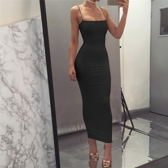 R&B | Bodycon Kleid Midi Länge Spaghettiträger Elegant und Figurbetont