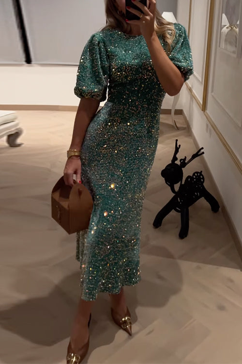 R&B | Puff Kurzarm Tailliertes Pailletten Midi Partykleid