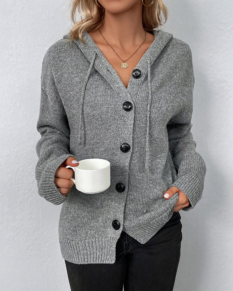R&B | Einfarbige Strickjacke mit Kapuze und Schnürsenkeln