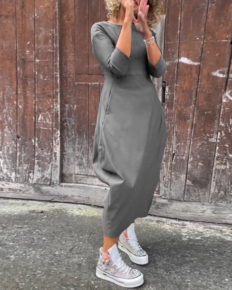 R&B | Schlichtes Einfarbiges Elegantes Kleid mit Langen Ärmeln und Tasche