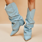 R&B | Knielange Stiefel - Weiches Denim - Spitz Zulaufende Zehe - Niedriger Blockabsatz Zum Anziehen
