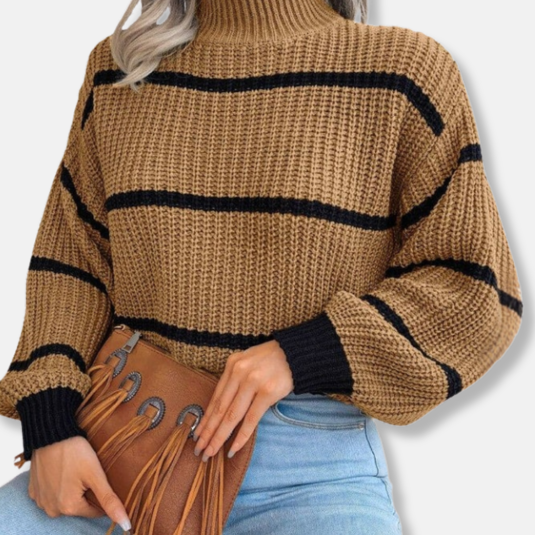 R&B | Strickpullover Weicher Gerippter Rollkragen Lockere Passform Klassische Streifen