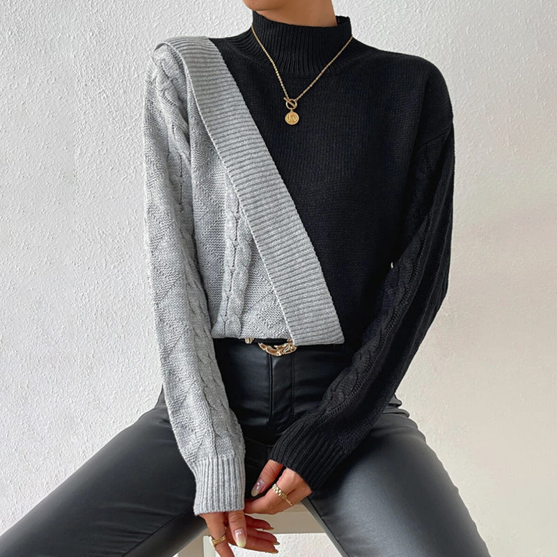 R&B | Pullover - Damen Winter Patchwork Rollkragen Strickpullover