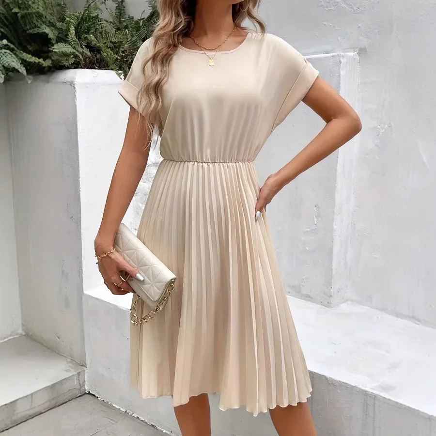 R&B | Einfarbig Plissierter Kurzarmkleid