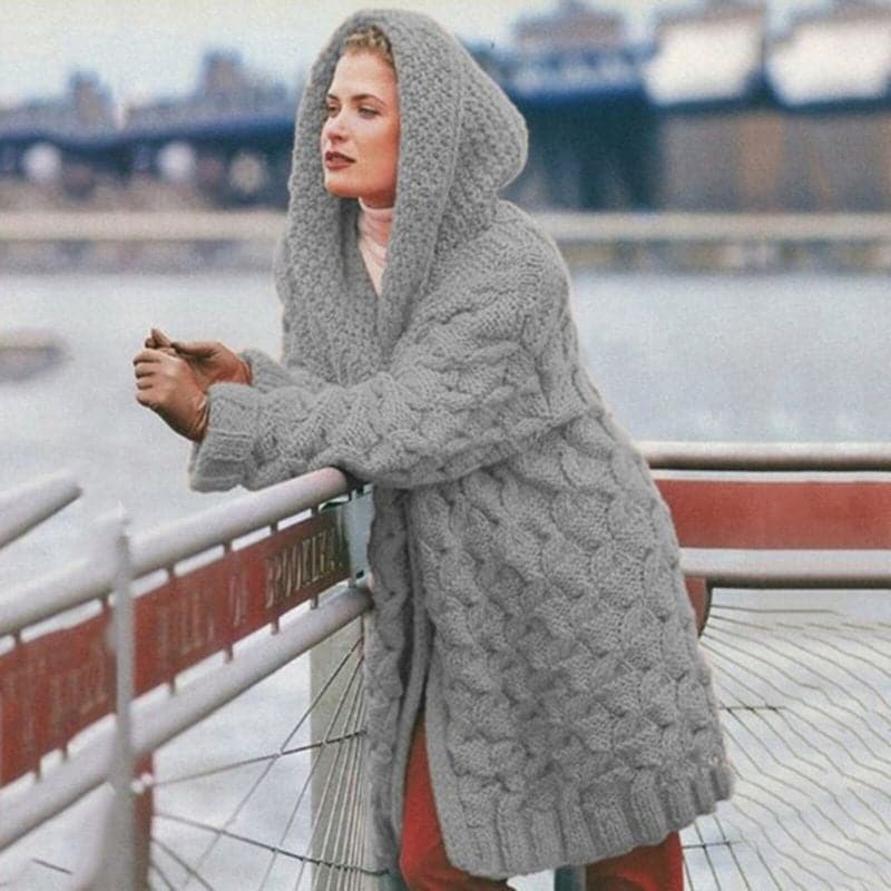 R&B | Gestrickte Strickjacke Langmodell Kabelstrick mit Kapuze Offene Vorderseite