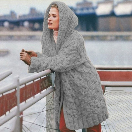 R&B | Gestrickte Strickjacke Langmodell Kabelstrick mit Kapuze Offene Vorderseite