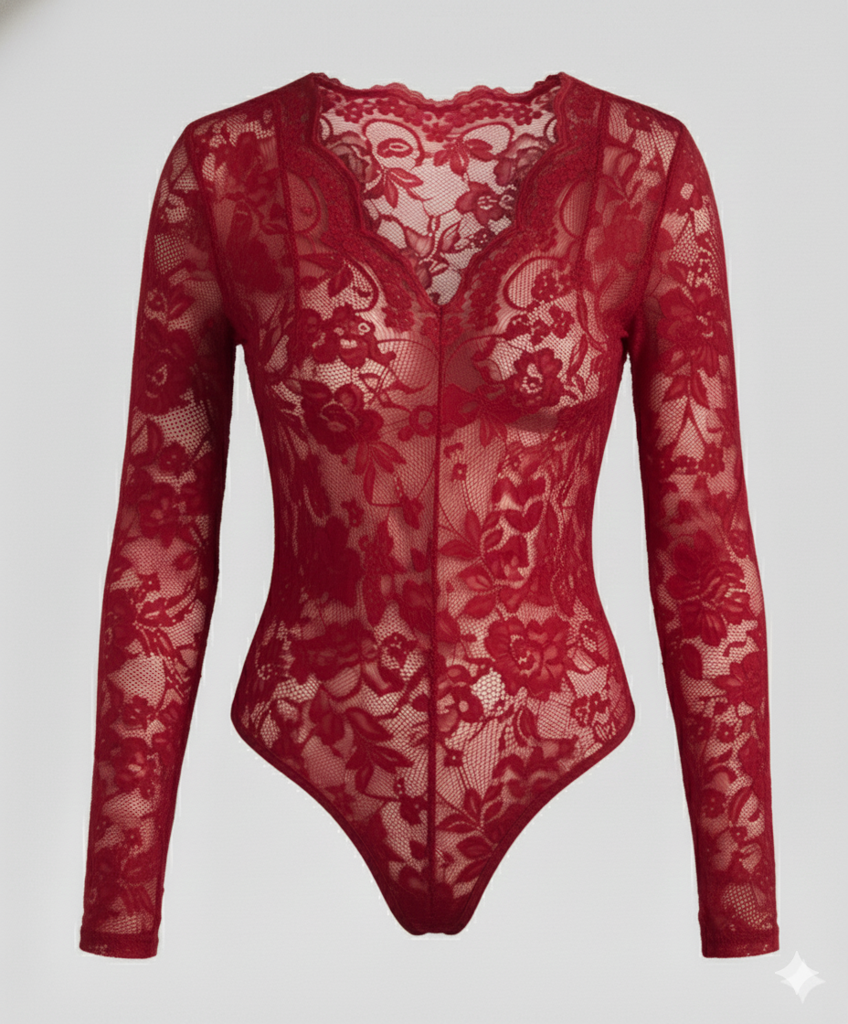 Damen Spitzenbody Langarm V-Ausschnitt | R&B