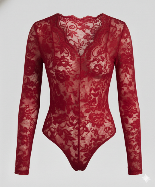 Damen Spitzenbody Langarm V-Ausschnitt | R&B