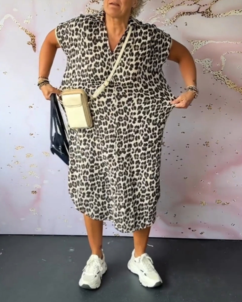 R&B | Entspanntes Kleid mit V-Ausschnitt und Leopardenmuster für Damen