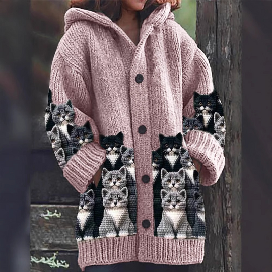 R&B | Gemütlicher Gestrickter Katze Druck Cardigan