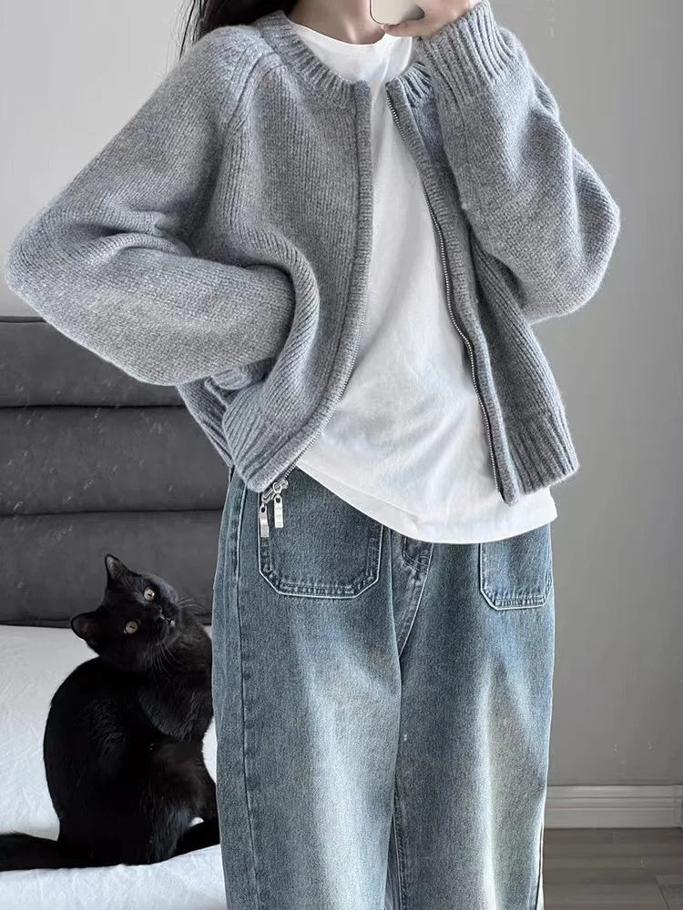 Damen Oversized Strickjacke mit Reißverschluss R&B