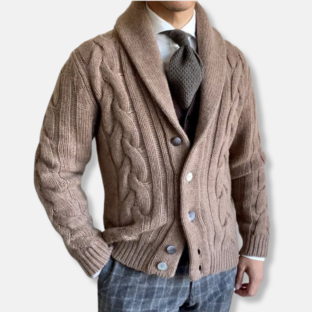 R&B | Strickjacke Wollmischung Reguläre Passform Kabelstrick Schalkragen Knopfverschluss