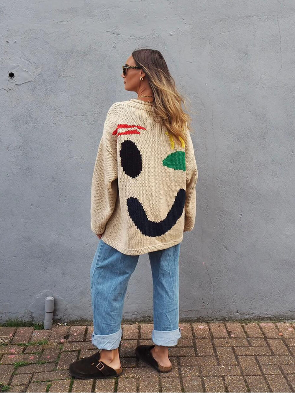R&B | Strickpullover Im Künstlerstil - Gemütlicher Freizeit-Jumper mit Abstraktem Gesichtsmuster