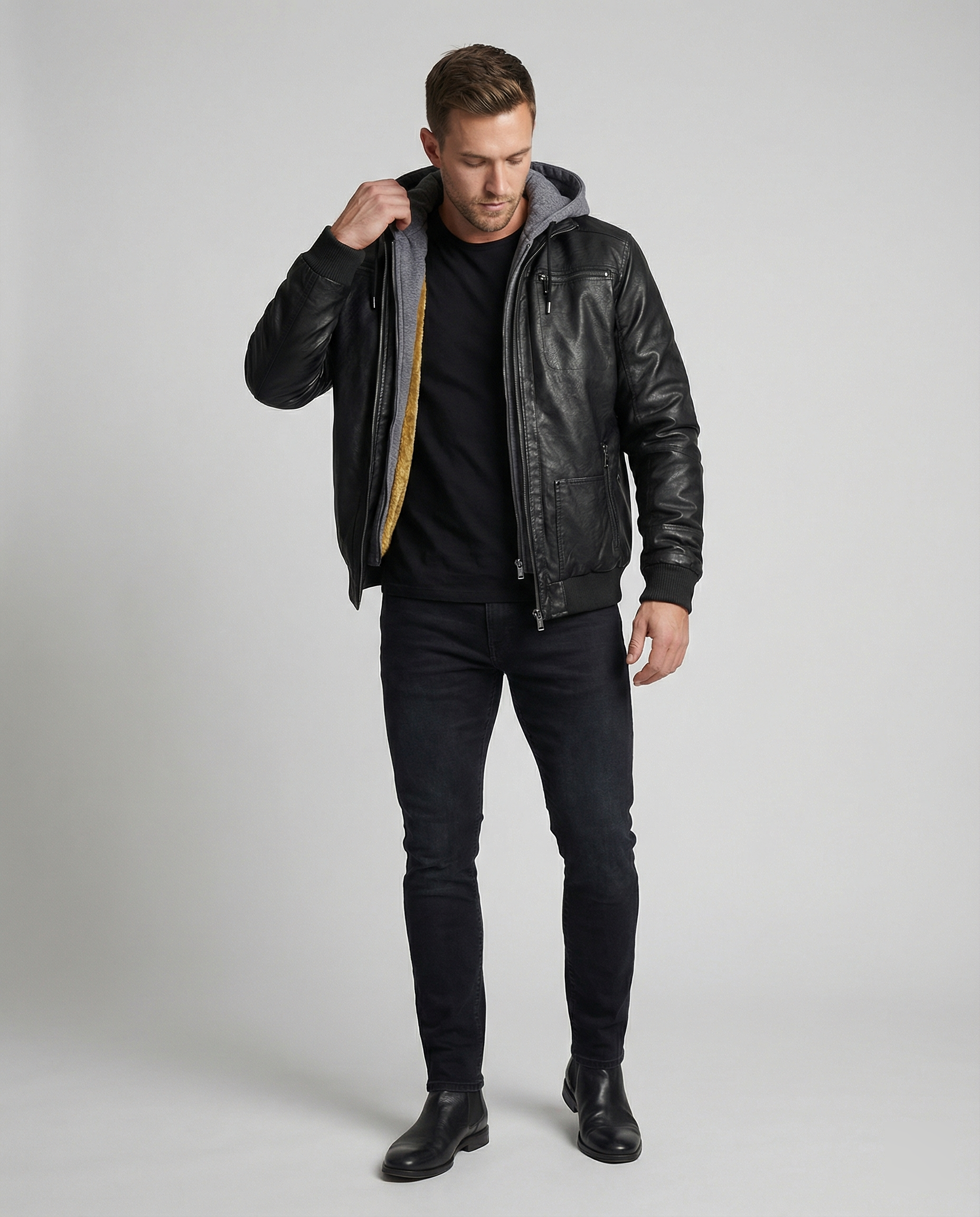 R&B | Lederjacke mit Kapuze für Männer