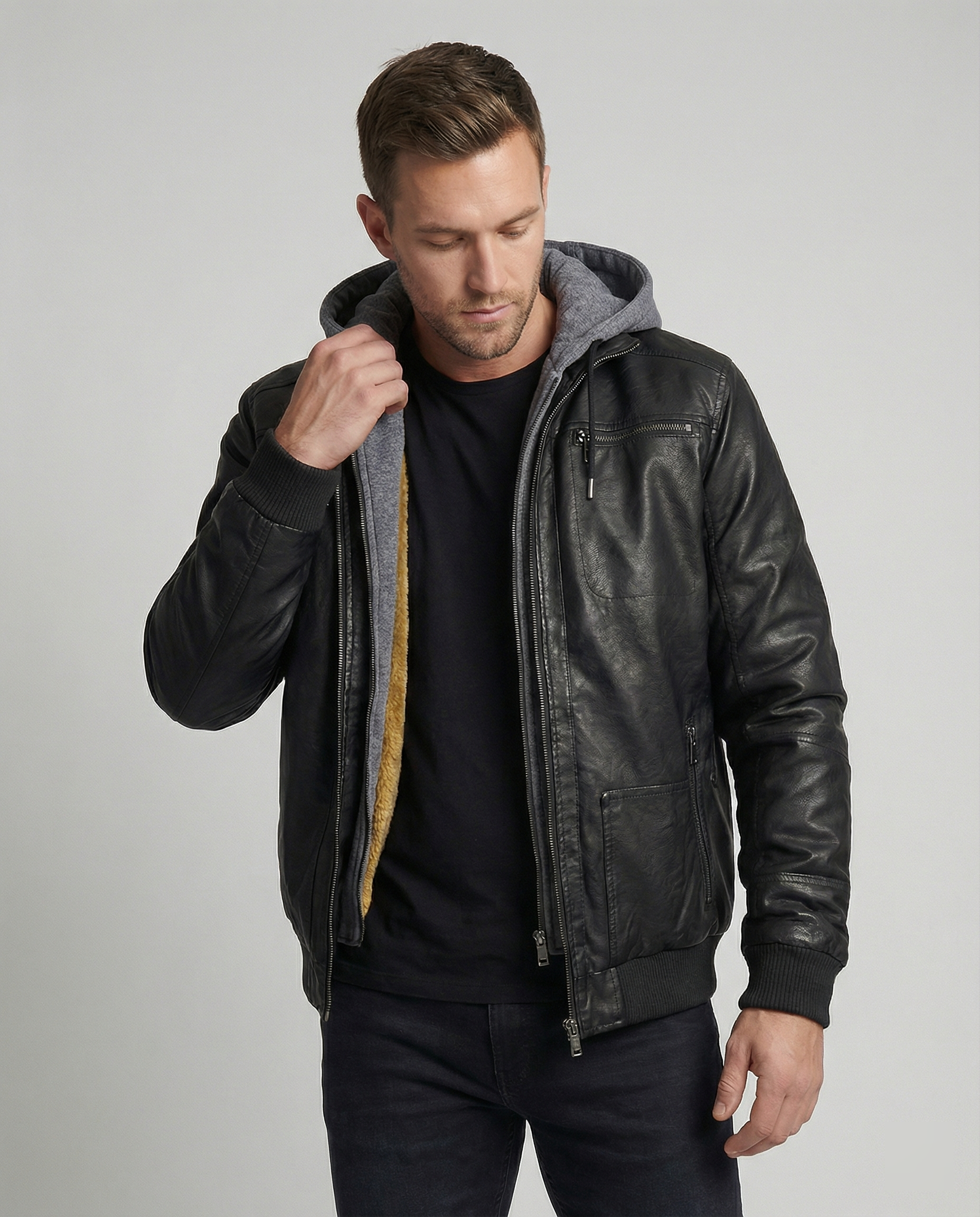 R&B | Lederjacke mit Kapuze für Männer