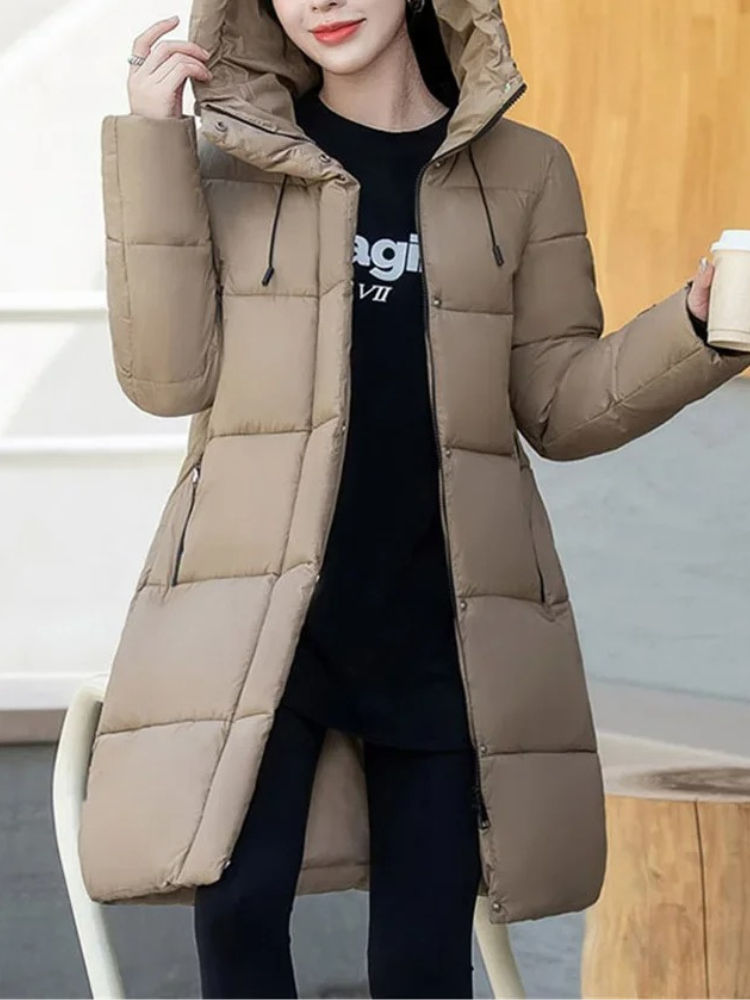 R&B | Stylische Khakifarbene Pufferjacke mit Kapuze und Reißverschluss