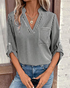 R&B | gestreiftes Shirt mit V-Ausschnitt und Brusttasche
