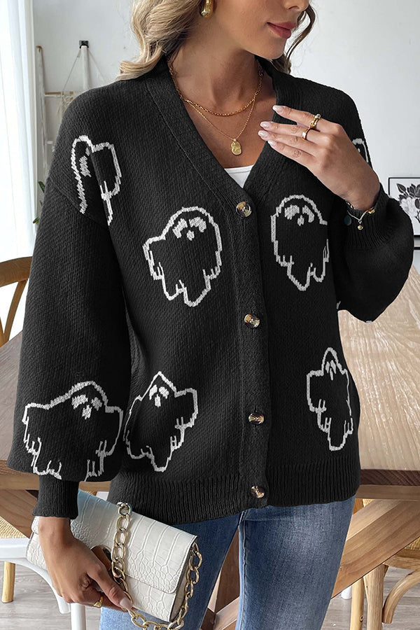 R&B | Gemütlicher Halloween Geist Strickpullover mit Knopfleiste