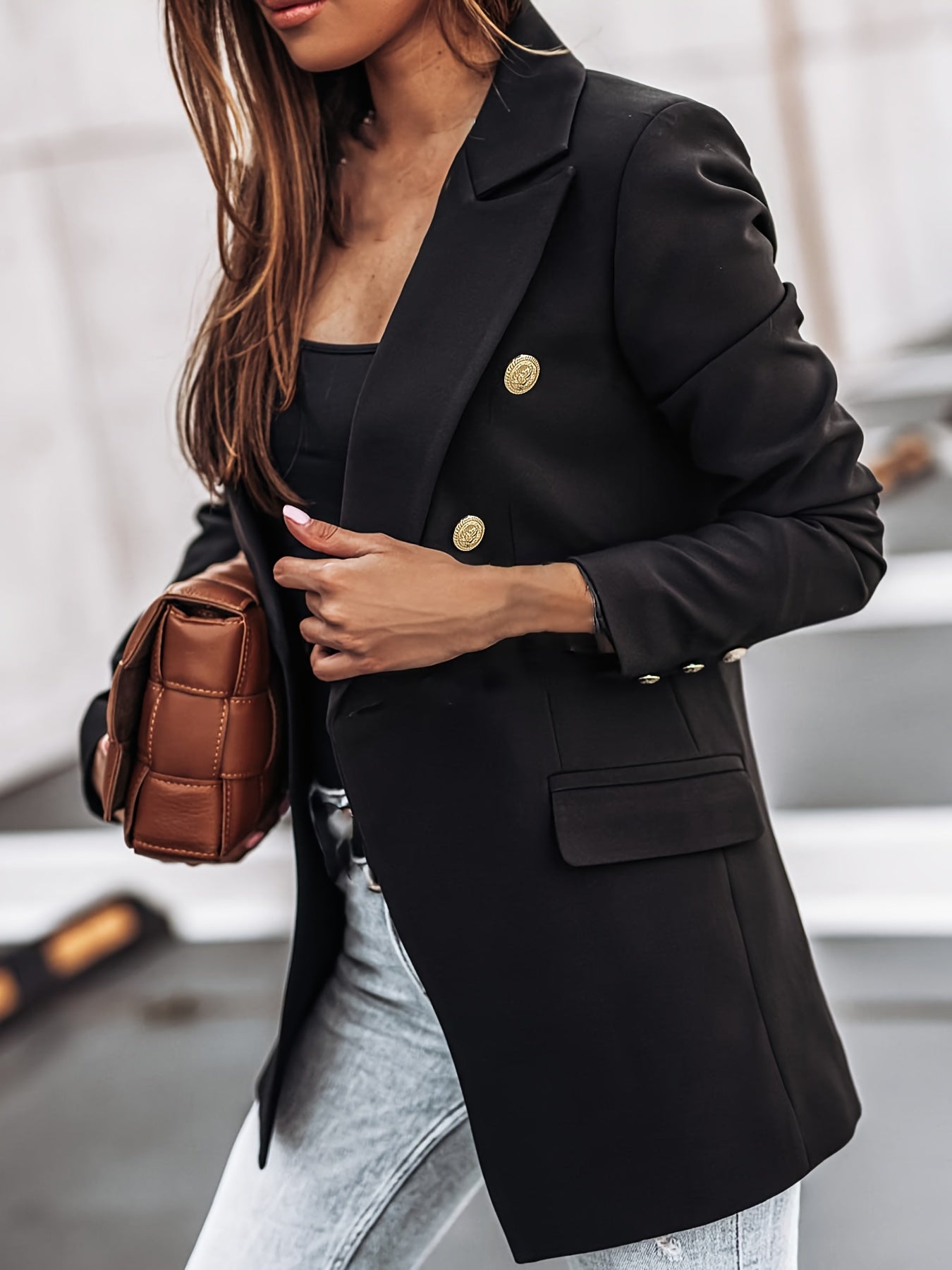 R&B | Lange Elegante Damenblazer Mit Doppelter Knopfleiste