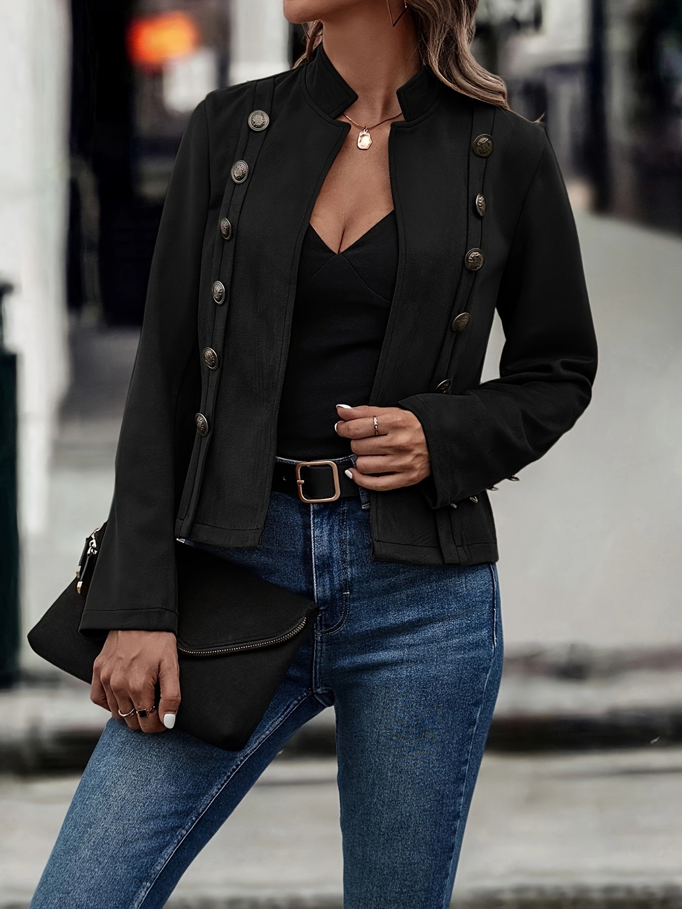 R&B | Militärisch Inspirierte Blazer mit Knopfdetails Polyester Stilvoll und Scharf