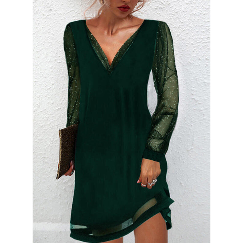 R&B | Solides Kleid mit Spitzenbesatz und V-Ausschnitt