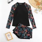 R&B | Langarm Print Spleißen Doppelhose Tankini Badeanzug