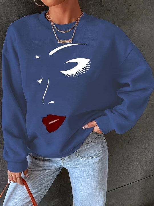 R&B | Sweatshirt mit Gesichtsdruck Baumwolle Künstlerisch und Bequem