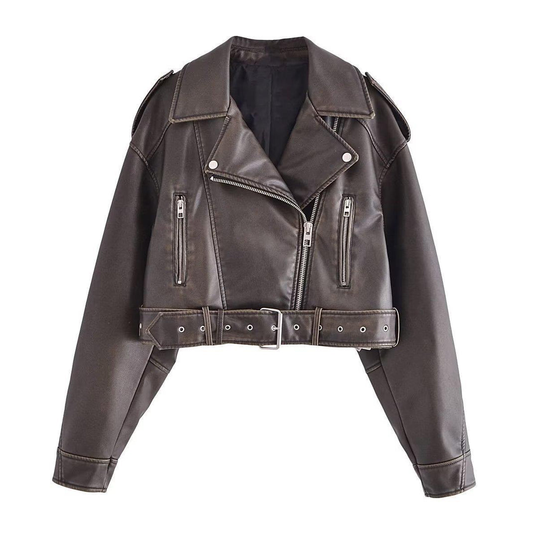 R&B | Damen PU Motorradjacke mit Reißverschluss und Gürtel