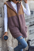 R&B | Ärmelloser Colorblock-Taschenloser Mid-Length Cardigan Puff-Velours-Jacke