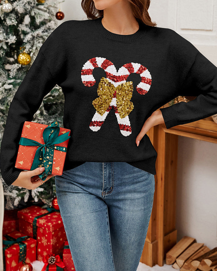 R&B | Weihnachtszuckerstangen-Schleifen-Pailletten-Pullover