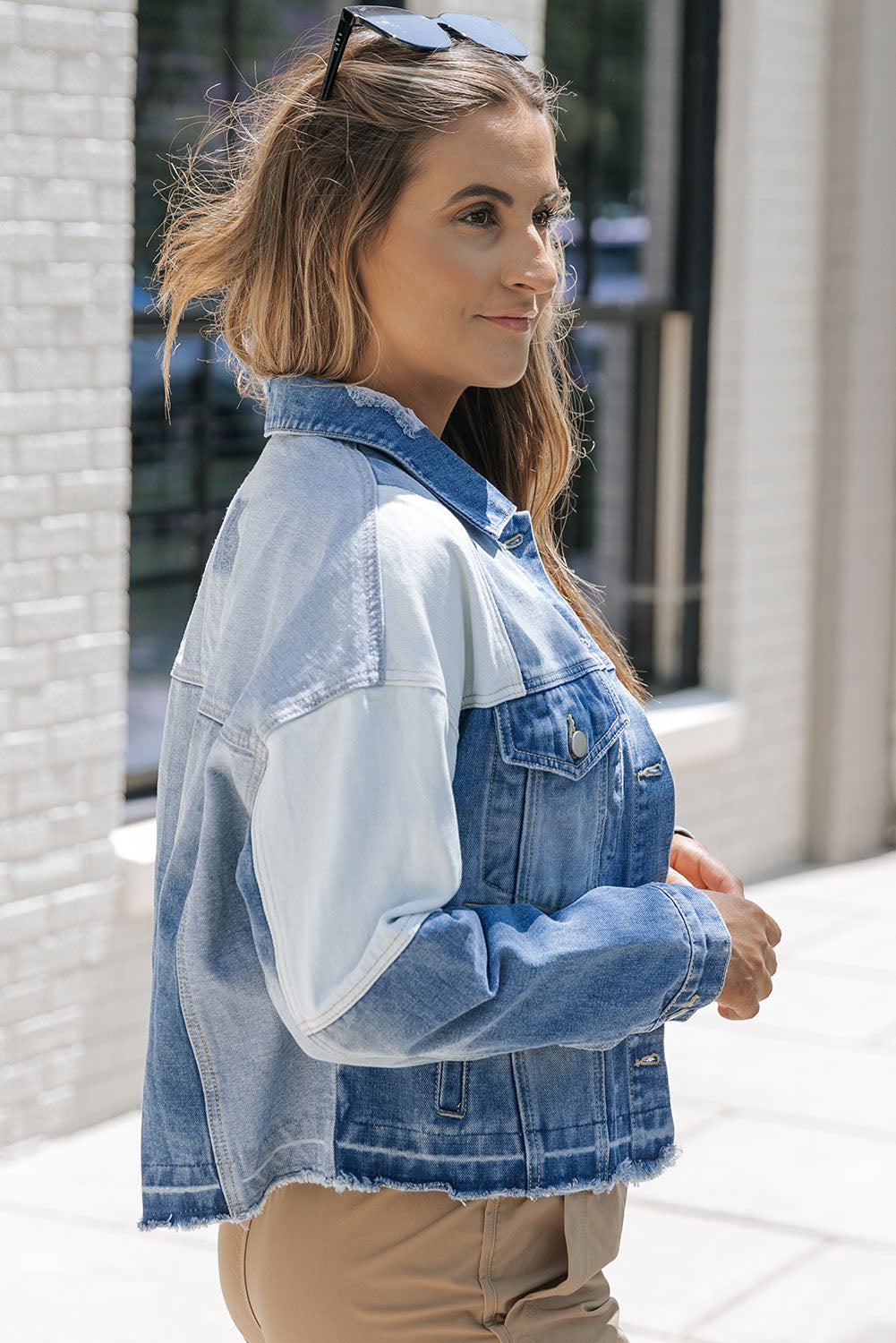 R&B | Denimjacke mit Patchwork und Fransigem Saum Herbst Frauen