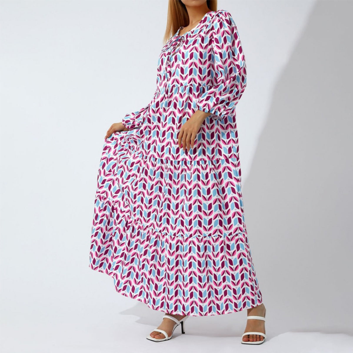 R&B | Großes böhmisches Kleid mit Rundhalsausschnitt und Laternenärmeln