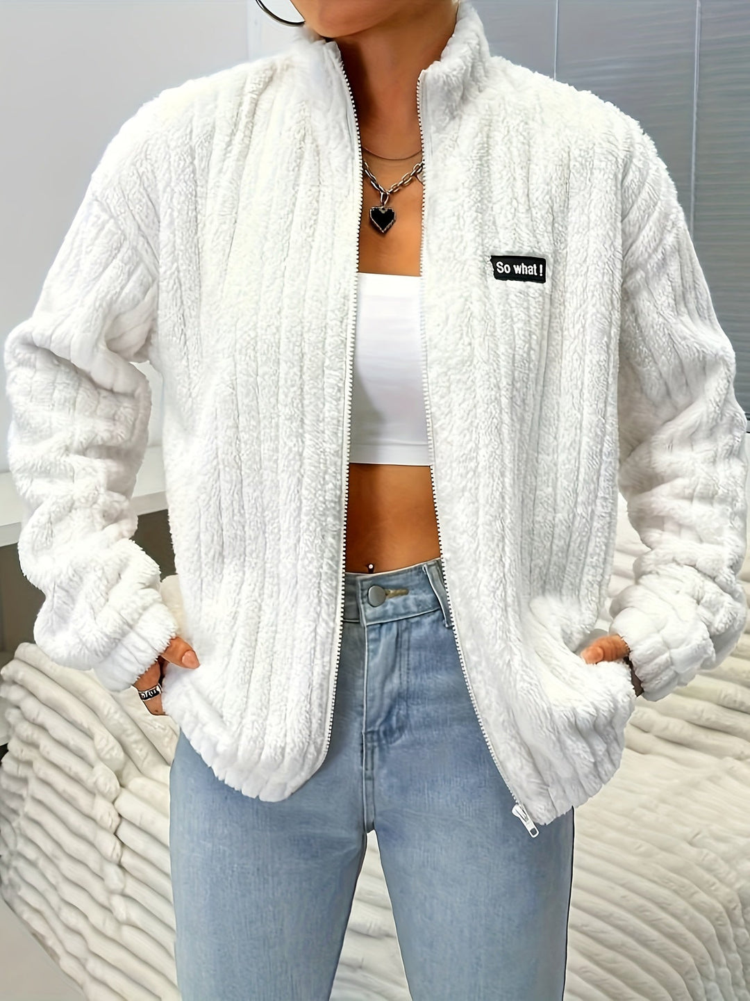 R&B | Plüsch Zip-up Jacke mit Text-patch Polyester Weich und Warm