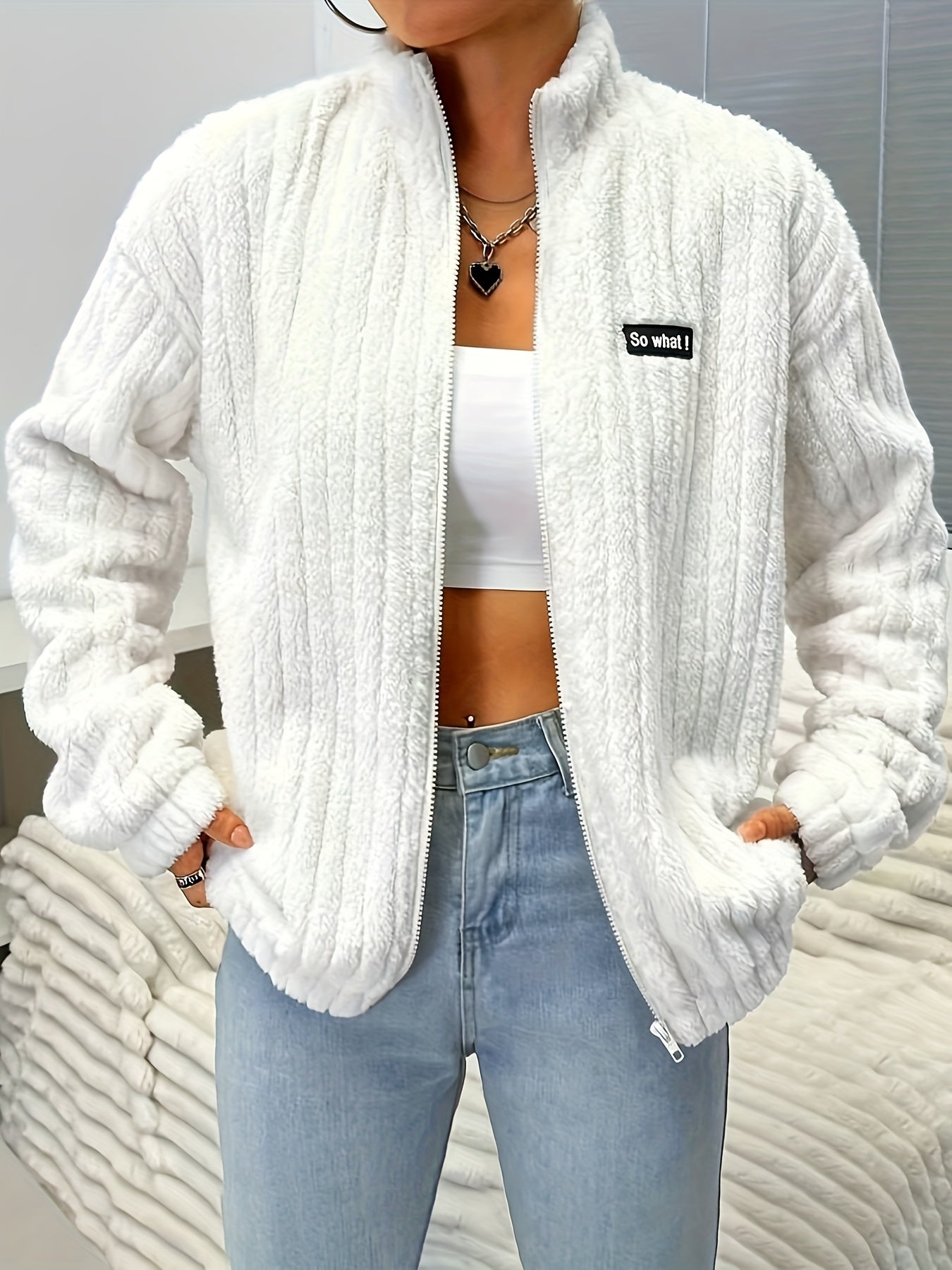 R&B | Plüsch Zip-up Jacke mit Text-patch Polyester Weich und Warm
