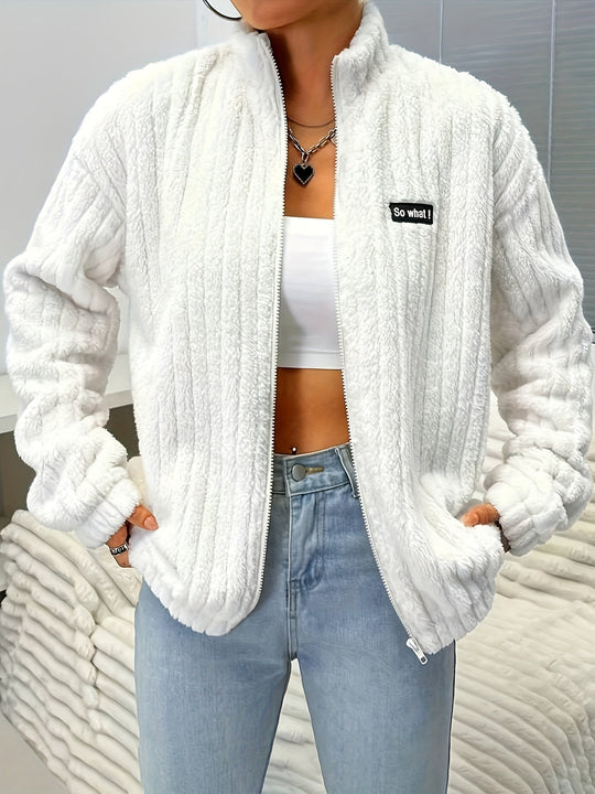 R&B | Plüsch Zip-up Jacke mit Text-patch Polyester Weich und Warm