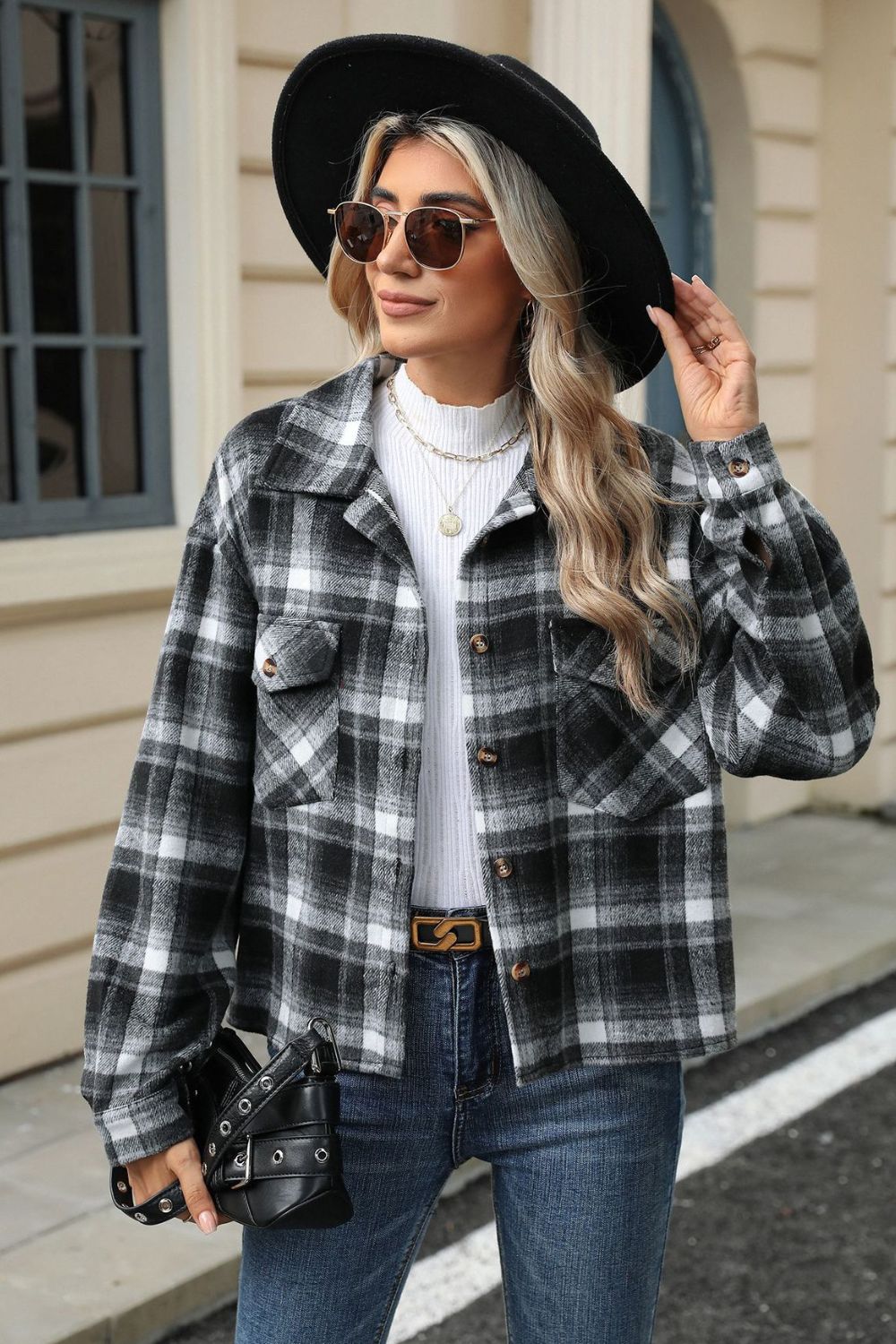 R&B | Eingeschnittener Karomuster-Kragen Jacke mit herabgesetztem Schulterdesign