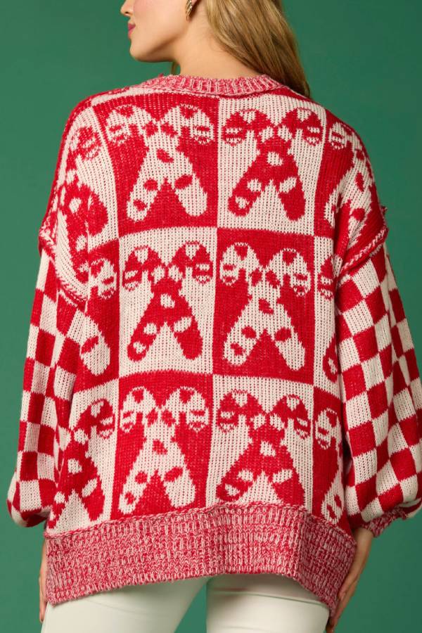 R&B | Weihnachtsbonbon Karo Rundhals Langarm Lockere Strickpullover