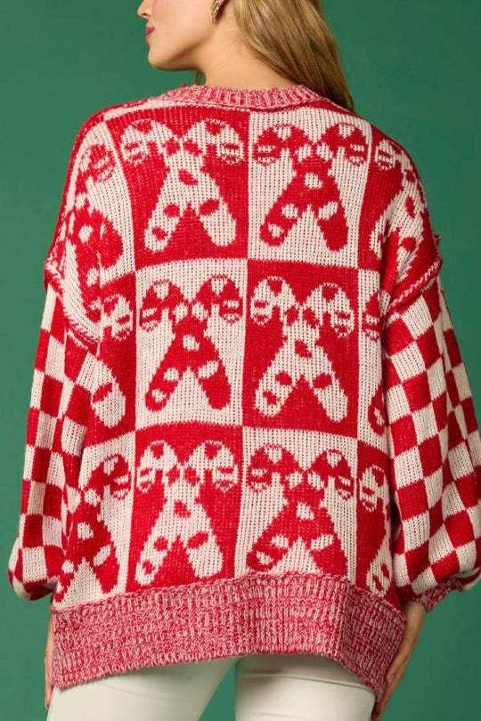 R&B | Weihnachtsbonbon Karo Rundhals Langarm Lockere Strickpullover