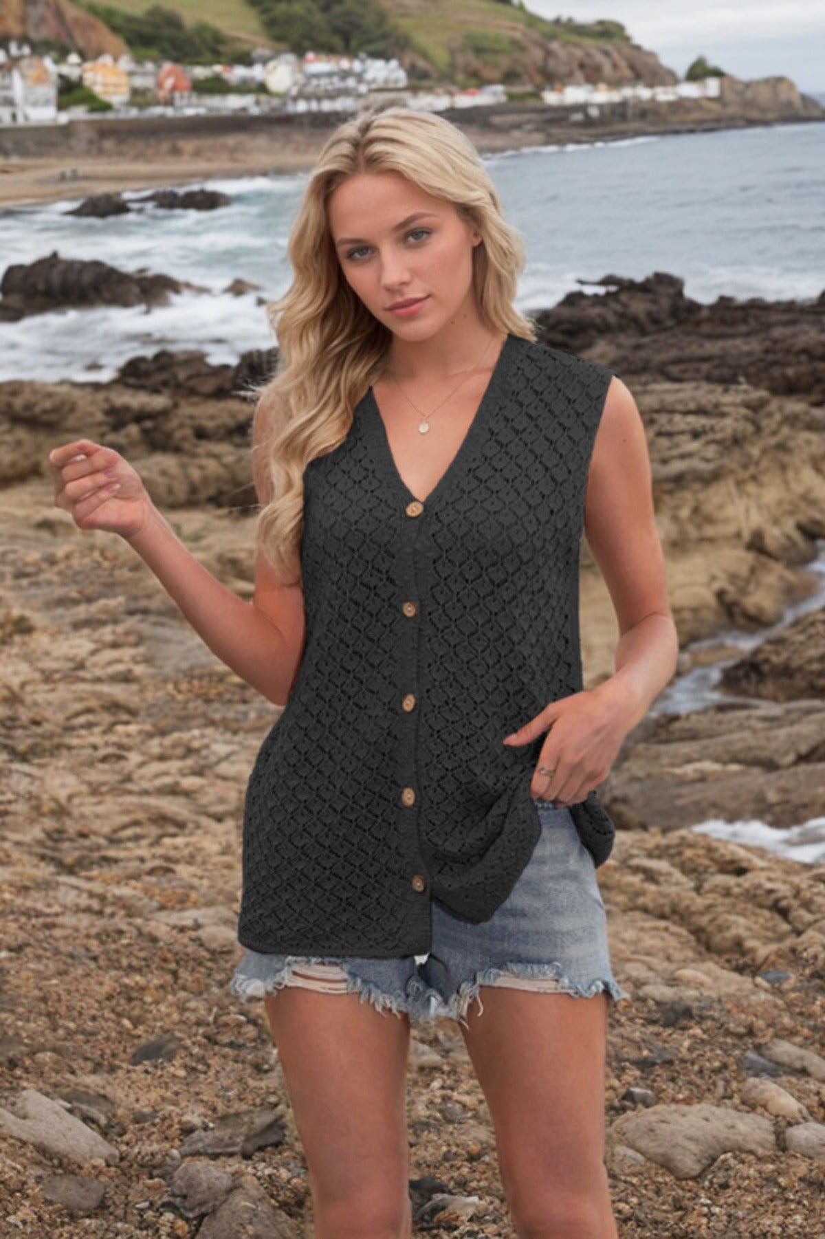 R&B | V-Ausschnitt Knopf ärmellose Weste Strickpullover