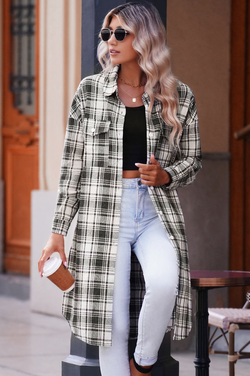 R&B | Karierter Button-Up Longline Shacket mit Brusttaschen