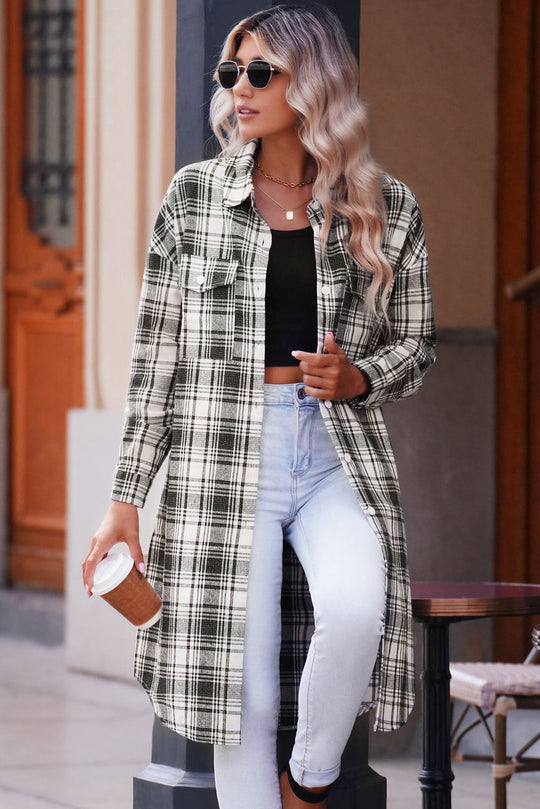 R&B | Karierter Button-Up Longline Shacket mit Brusttaschen