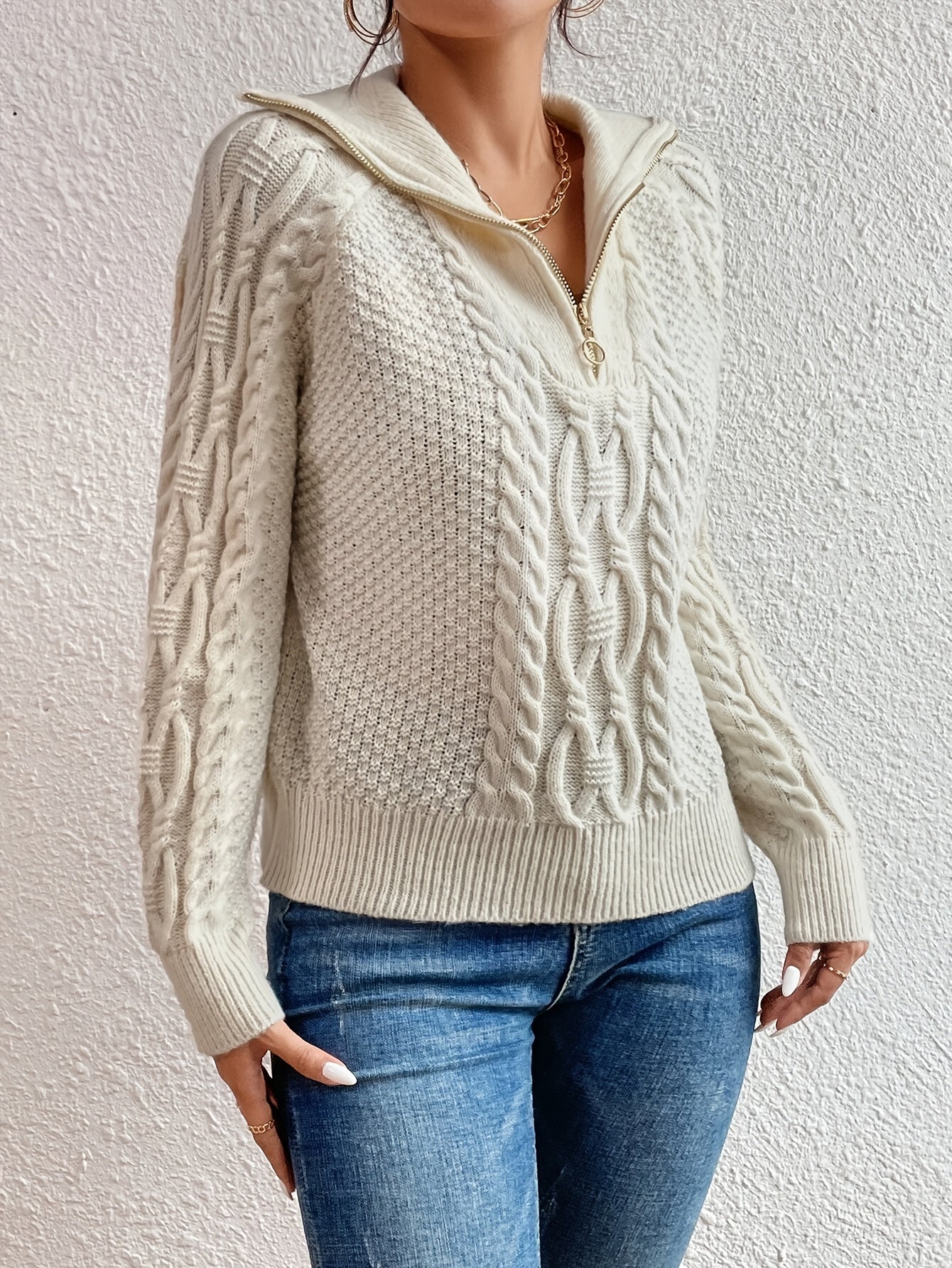 R&B | Kabelstrickpullover mit Reißverschlusskragen